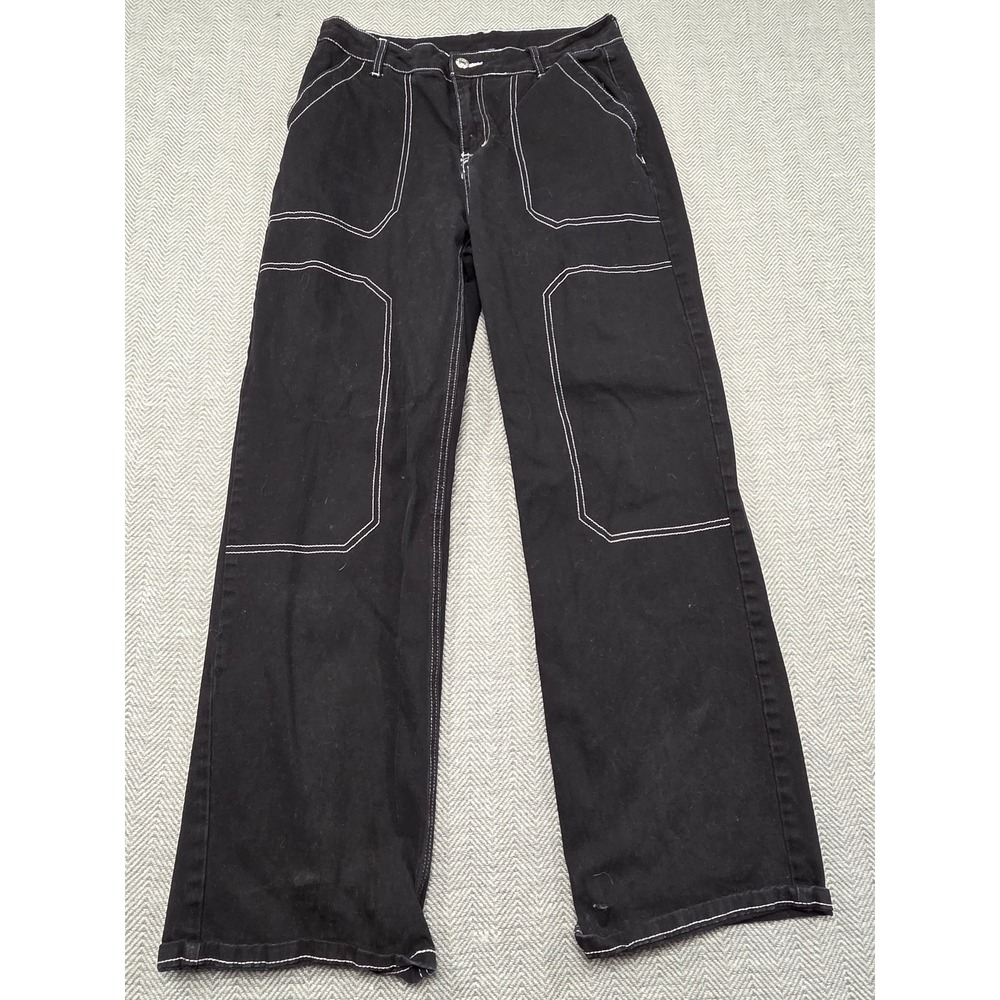 Dokotoo Womens Black Contrast Stitch Wide Leg Utility Cargo Pants Size 10